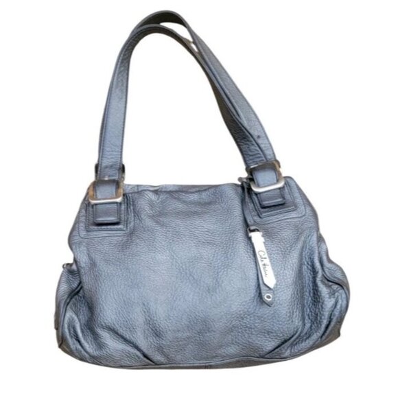 COLE HAAN Grey PEBBLED LEATHER SHOULDER SATCHEL BAG Metallic Silver Buckles - Picture 1 of 12